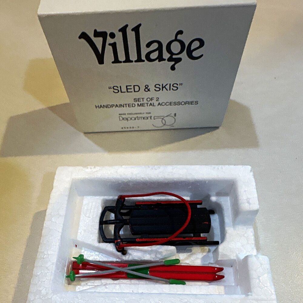 Department 56 Village Sled & Skis Set of 2 Hand Painted Metal, Boxed